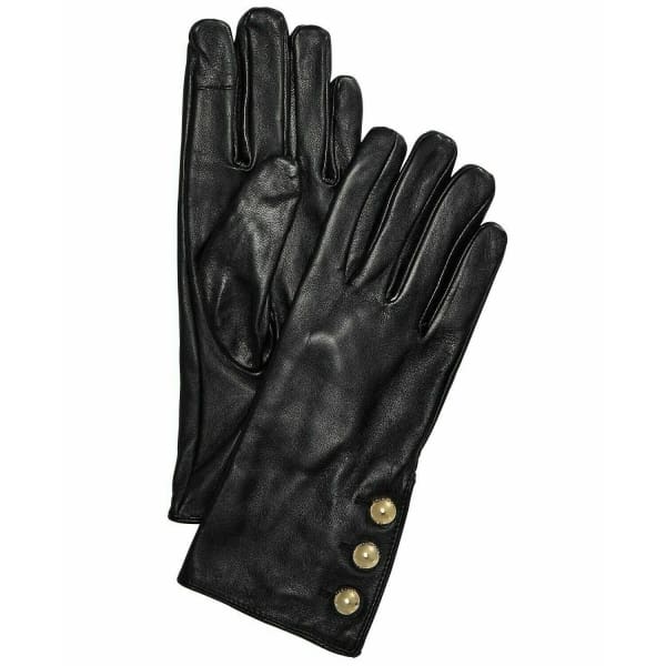 MICHAEL KORS Ladies Leather Gloves - 3 Gold Buttons Black - L - Gloves