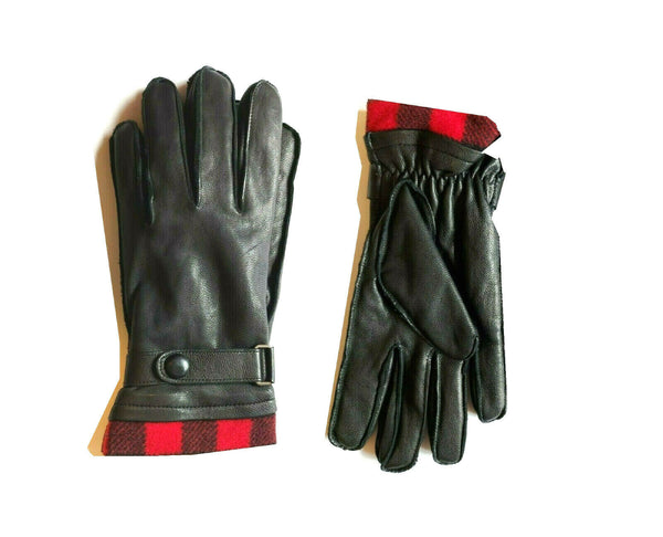 Stewart of Scotland Full Grain Leather Gloves Plaid Fleece Lined Black