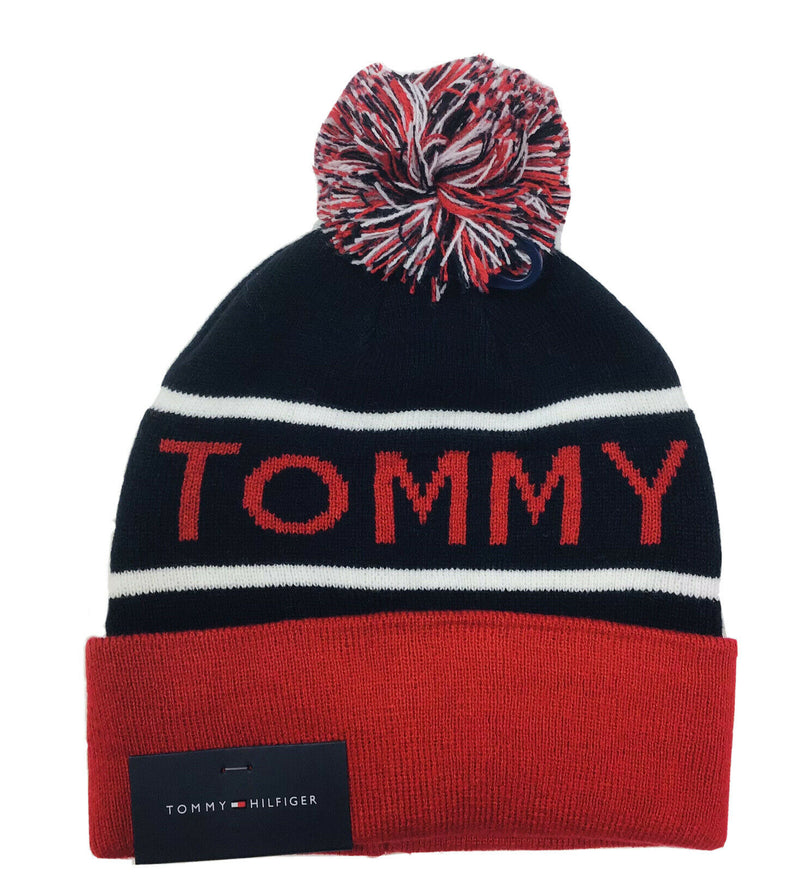 Tommy Hilfiger Beanie Navy Red Jacquard Pom Cuff Hat Cap Unisex