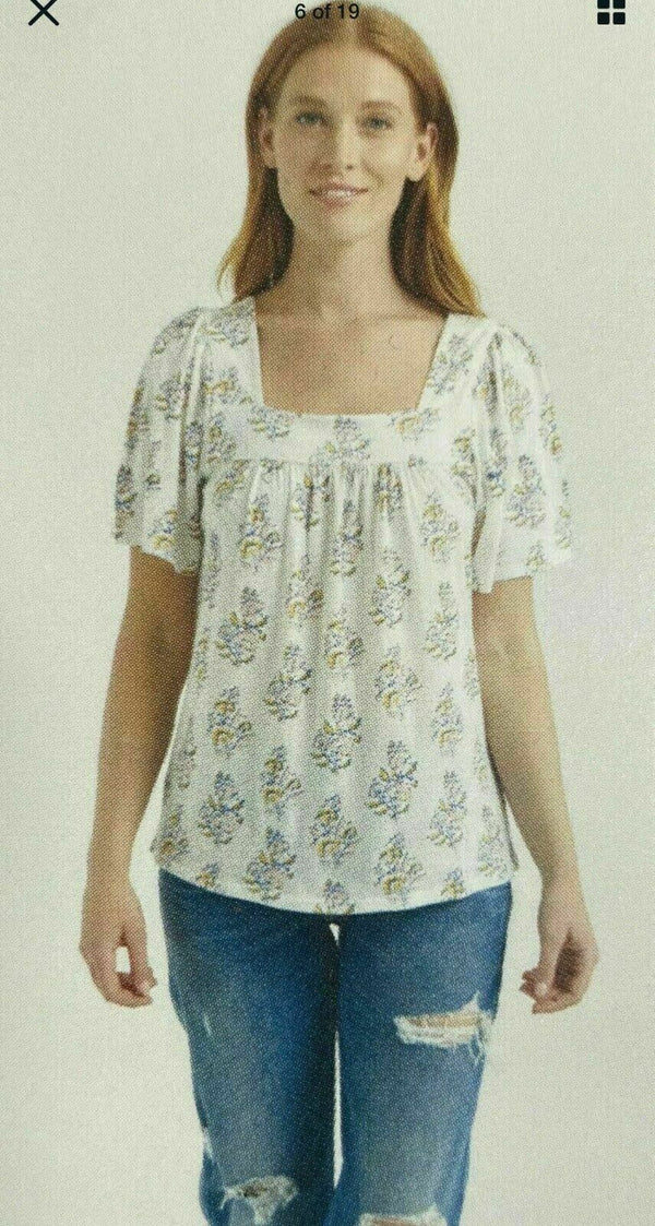 Lucky BRAND Cotton Stretch Square Neck Shirt Top Blouse Cream White