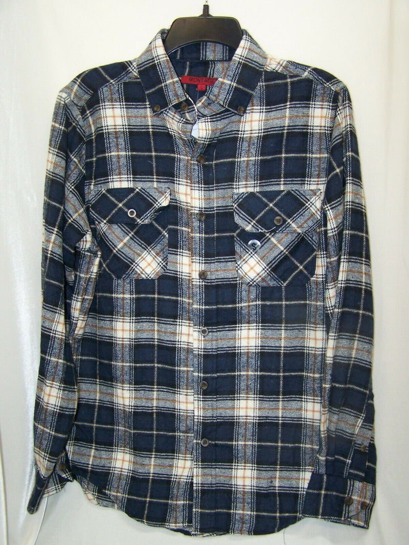 Montage Men's Super Soft Cotton LS Button Down Navy Plaid Flannel Shirt