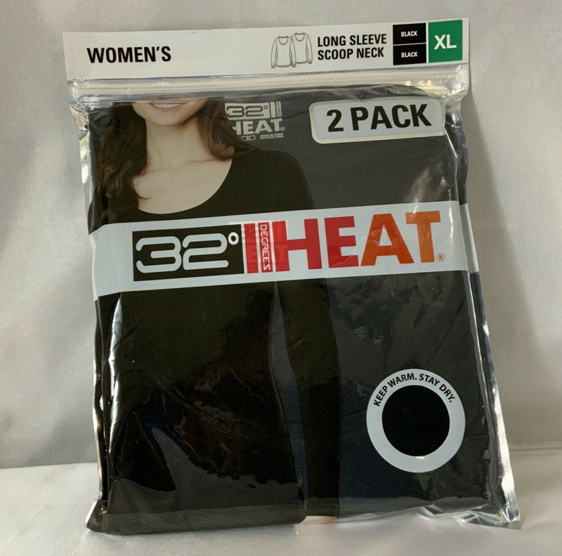 2pk 32 Degrees Heat Base Layer Shirt Top Black Long Sleeve Scoop