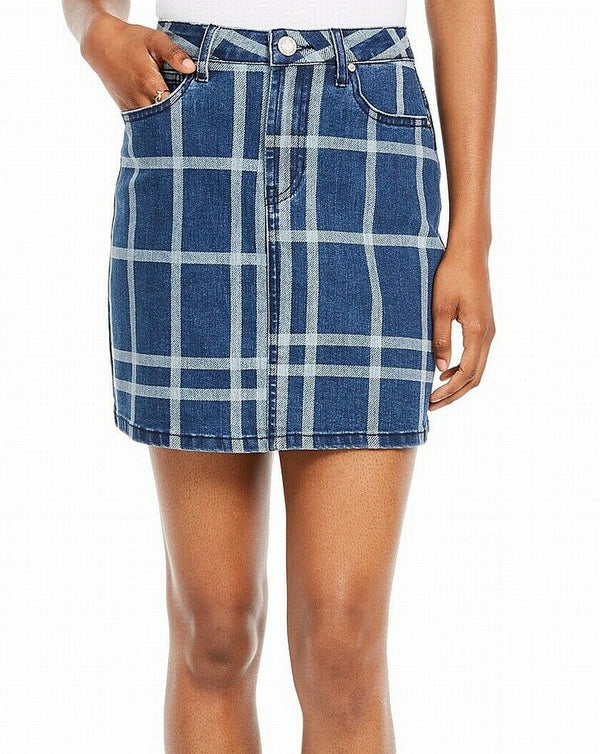 Indigo Rein Skirt Blue  Plaid Denim Jean Zip Pockets