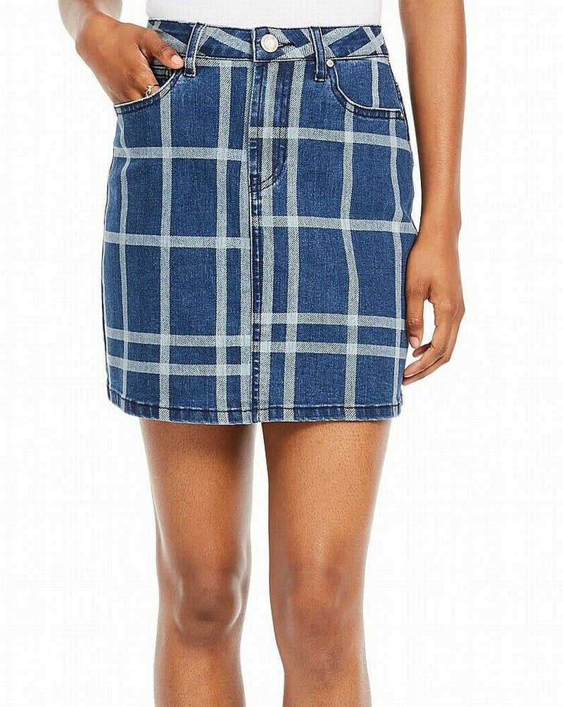 Indigo Rein Skirt Blue  Plaid Denim Jean Zip Pockets