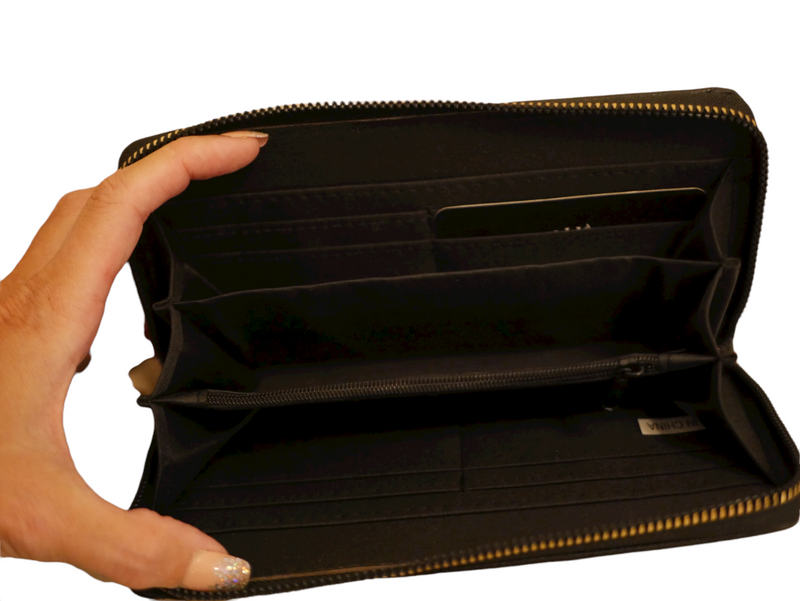 WOMEN'S BLACK BEVERLY HILLS POLO CLUB WALLET ZIP AROUND GOLD LOGO