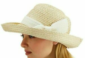 NC Straw Contrast Bow Kettle Hat Tan One Size Adjustable Fit Band