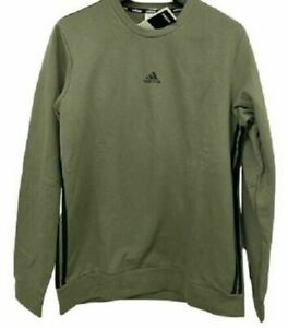 Mens Adidas Lightweight Fleece Crew Neck Green Logo Stripes /olive