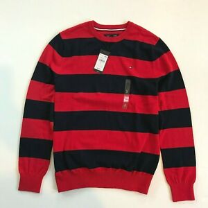 Tommy Hilfiger Mens Striped Crew Neck Pullover Cotton Sweater (RED/NAVY)