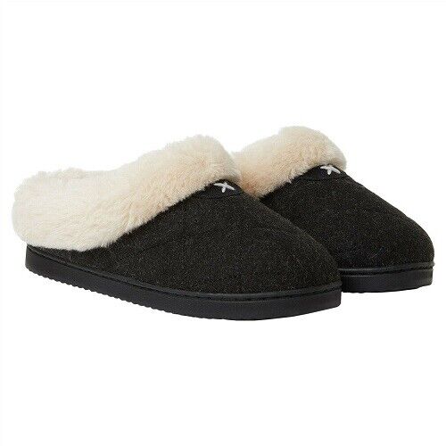 Dearfoams Womens Black Clog Quilted Slippers Scuffs Fur Memory Foam