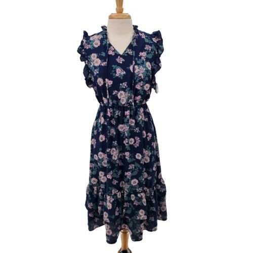 Ophelia Roe Womens Floral Sleeveless Ruffle Blue Cottagecore Dress