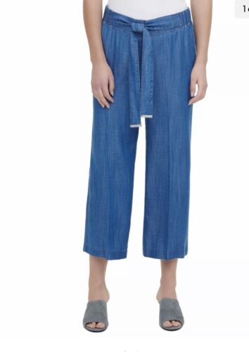 Calvin Klein Womens Chambray Pants Crop Wide Leg Pull On Capris Cropped