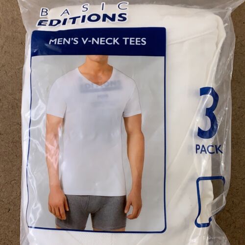 Basic Editions Men's White Cotton Short Sleeve V Neck T-Shirts 3 Pack