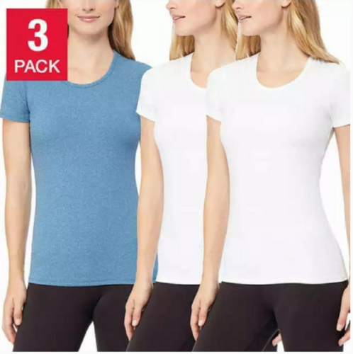 32 Degrees Cool Women 3 Pk Short Sleeve Scoop Neck Tee shirt, White Teal,