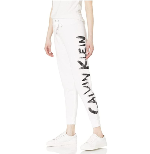 Calvin Klein Performance Women Brush Logo High Waist Drawstring Joggers White