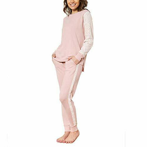 Flora Nikrooz Women's 2 Piece Long Sleeve Lounge Set with Lace, Long Sleeve pink
