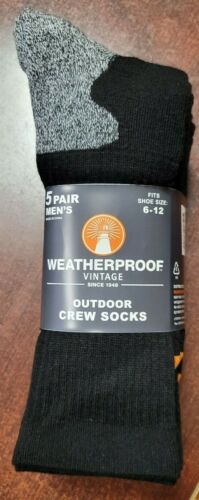 Weatherproof 5 Pair Pack Outdoor Wool Blend Crew Sock Size 6-12 Black Gray Heel