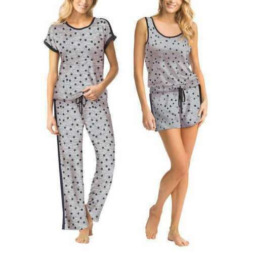 4 PC Lucky BRAND Woman Ladies Pajama Set Tee Tank Short Pant Gray Blue Stars