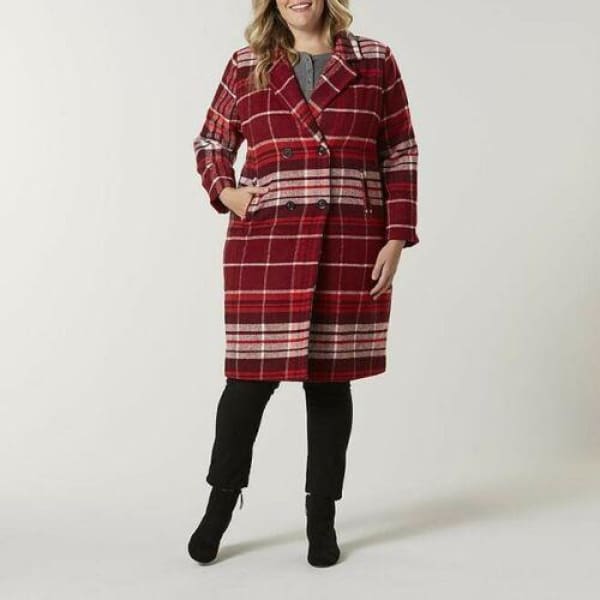 Simply Emma Women’s Plus Double-Breasted Coat - Plaid Windsor Wine - Woman Jacket
