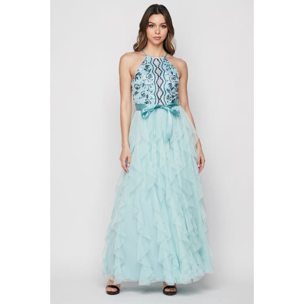 Teeze Me Embroidered Lace With Corscrew Ruffle Mesh Gown - 5 - Dress
