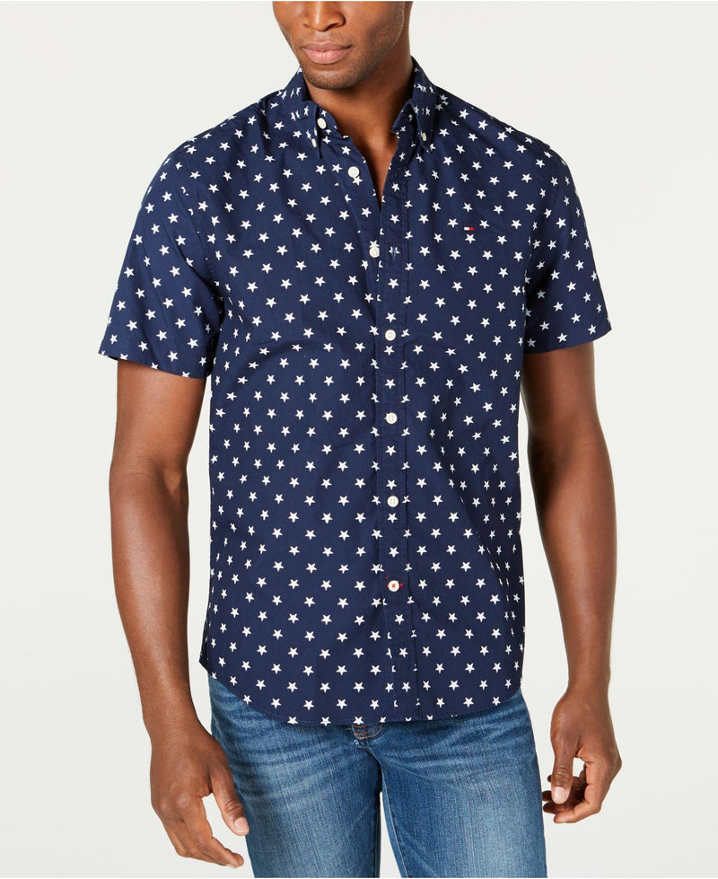 Tommy Hilfiger Mens Classic Fit Button down Short Sleeve Woven Shirt NAVY