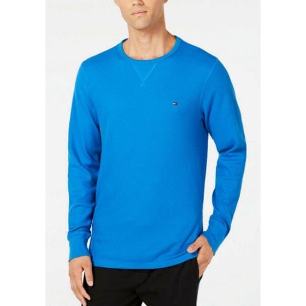 Tommy Hilfiger Men’s Blue Textured Logo Casual Thermal Shirt Top Ultra Blue - L - Men Sweather Hoodie Pullover