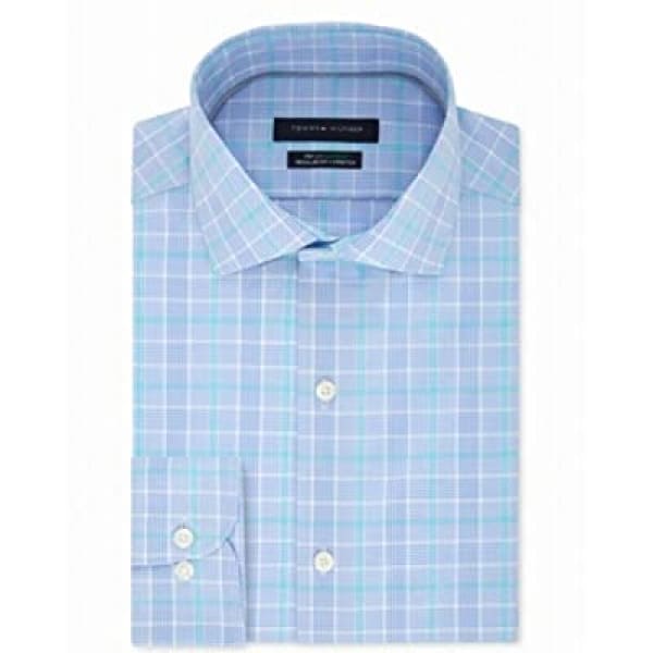 Tommy Hilfiger Mens Plaid Regular Fit Button-Down Dress Shirt Powder Blue - XL - Men Dress Shirt