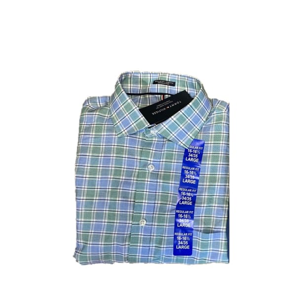 Tommy Hilfiger Men’s Regular Fit Stretch Wrinkle Free Dress Shirt Green Plaid - L - Men Dress Shirt