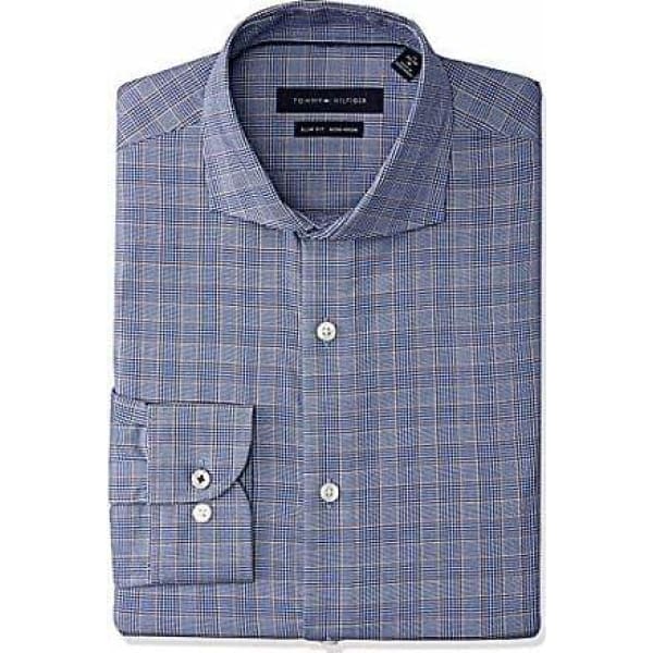 TOMMY HILFIGER Men’s slim fit non-iron Dress Shirt brown multi - L - Men Dress Shirt