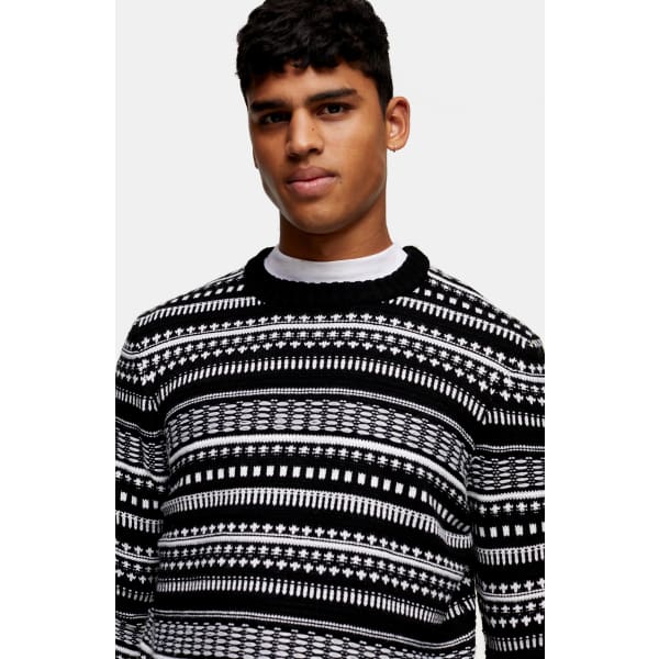 TOPMAN Fair Isle Crewneck Sweater BLACK MULTI - M - Men Sweater Hoodie Pullover