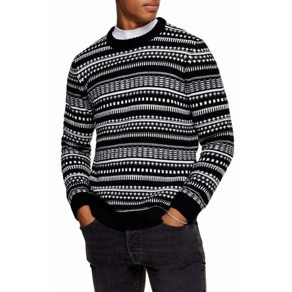 TOPMAN Fair Isle Crewneck Sweater BLACK MULTI - M - Men Sweater Hoodie Pullover