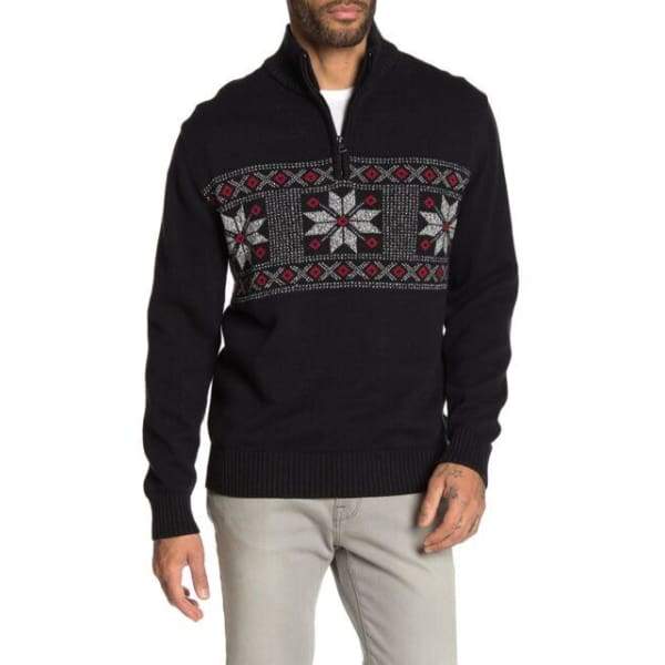 Weatherproof Vintage Mens Sweater Black Zip Fair Isle Printed Hoodie Pullover - L - Men Jacket