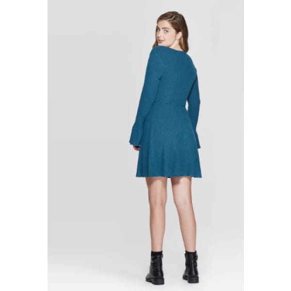 Womens Long Sleeve V-Neck Wrap Sweater Knit Mini Dress - Xhilaration Teal - Dress